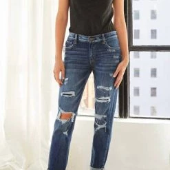 Cheapest 🛒 Kancan 👩 women Devika Mid Rise Boyfriend 👖 Jeans in Dark Wash 💯