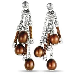 Flash Sale 🎉 women Charriol Pearl Stainless Steel and Bronze PVD Brown Pearls Dangle Push Back Earrings 🥰