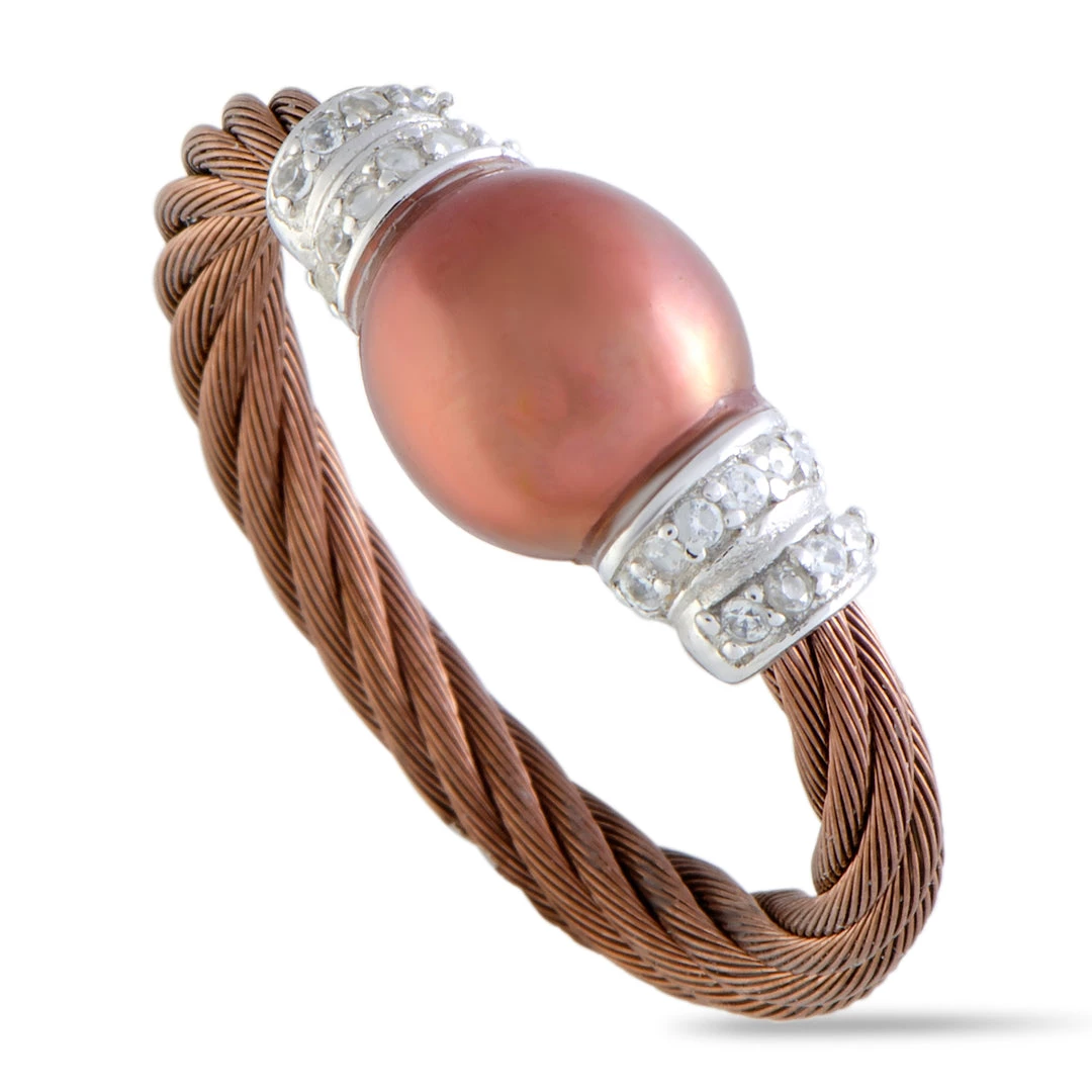 Outlet π women Charriol Pearl Stainless Steel Bronze PVD Brown Pearl and White Cubic Zirconia Cable Ring π