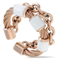Flash Sale 🔔 women Charriol St. Tropez Stainless Steel and Pink PVD White Enamel Cable and Chain Band Ring 😀