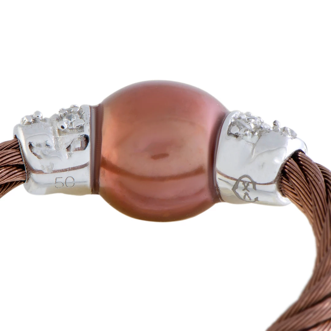 Best Pirce π― women Charriol Pearl Stainless Steel Bronze PVD Brown Pearl and White Cubic Zirconia Cable Ring π - Image 4