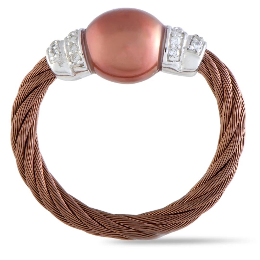 Best Pirce π― women Charriol Pearl Stainless Steel Bronze PVD Brown Pearl and White Cubic Zirconia Cable Ring π - Image 2