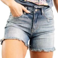 Discount β¨ Kancan π© women High Rise Fray Hem Shorts in Medium Wash β