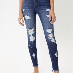 Cheapest 😉 Kancan 👩 women High-Rise Distressed Ankle Skinny Jean in Dark Wash ⌛